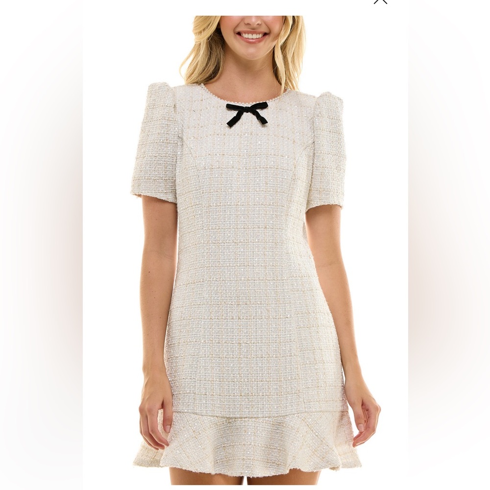 ⚪️ Cream Tweed Dress with Bow Accent ⚪️